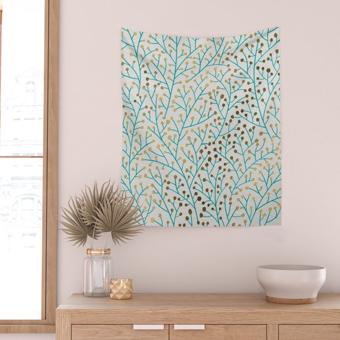 Berry Branches - Turquoise & Gold Wall Tapestry Gallery Image 2