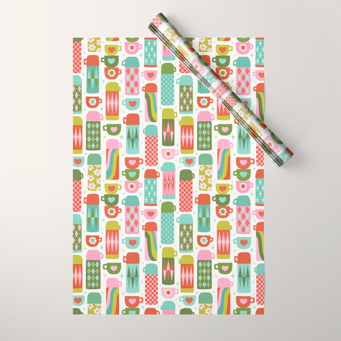 Retro Coffee Thermoses Multicolor on White Wrapping Paper Gallery Image 1