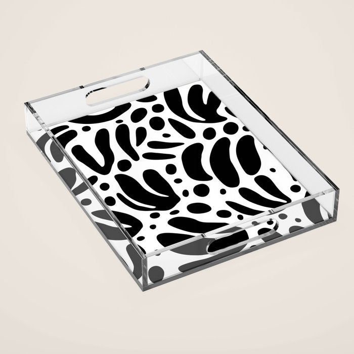 Black and white organic plant leaf art pattern Acrylic Tray Gallery Image 1