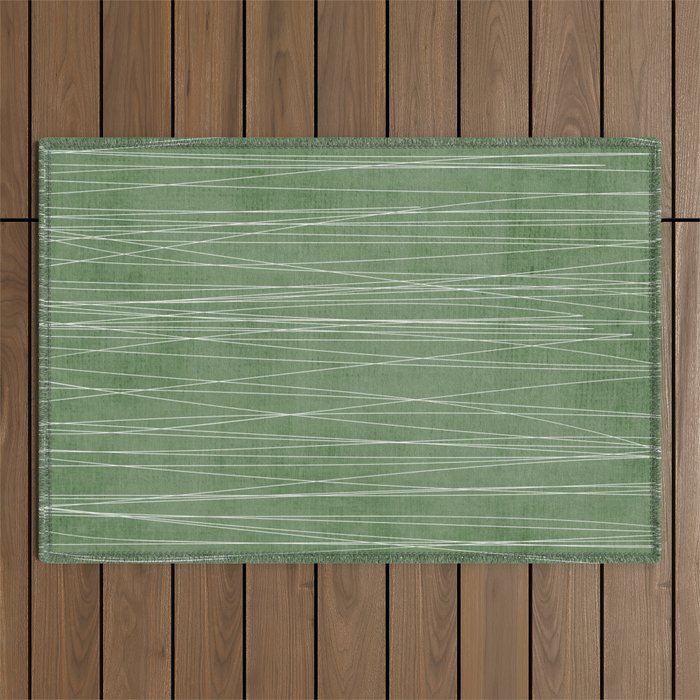 White Lines Green Background Minimal Art Outdoor Rug Gallery Image 1