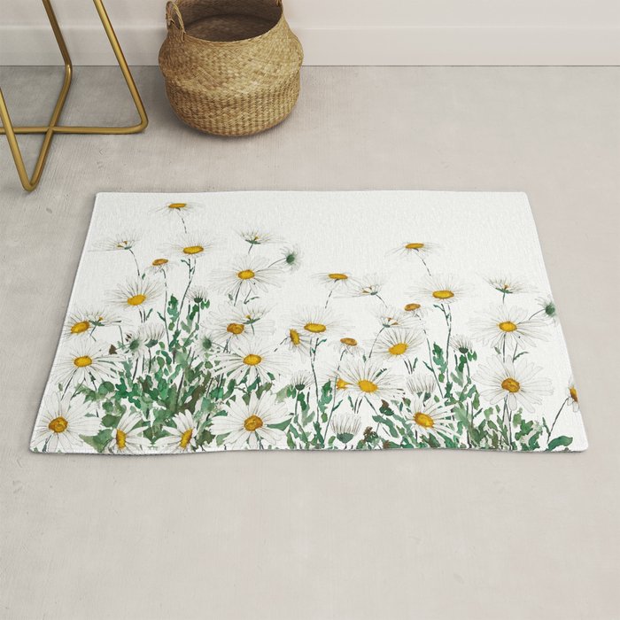 white Margaret daisy watercolor Rug Gallery Image 1