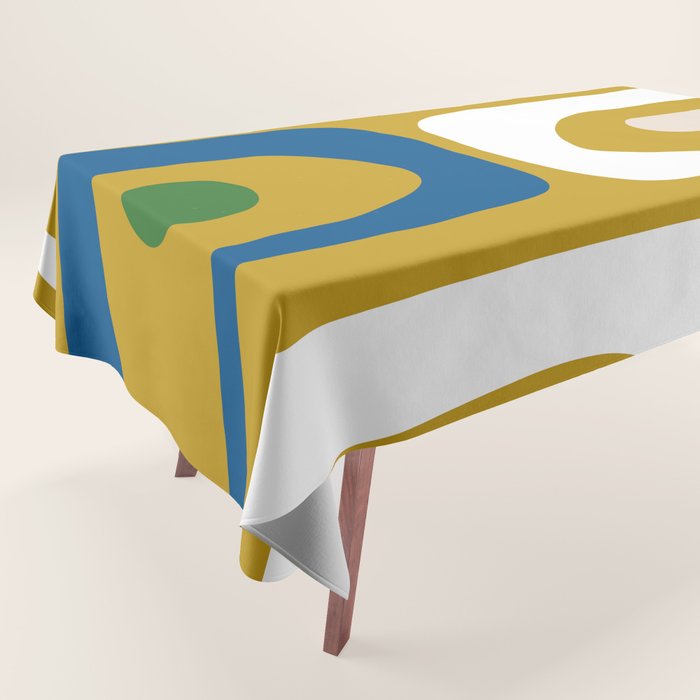 Mid Century Modern Minimalist Abstract Retro Piquet Pattern in Vintage Mustard Blue White Green Tablecloth Gallery Image 1
