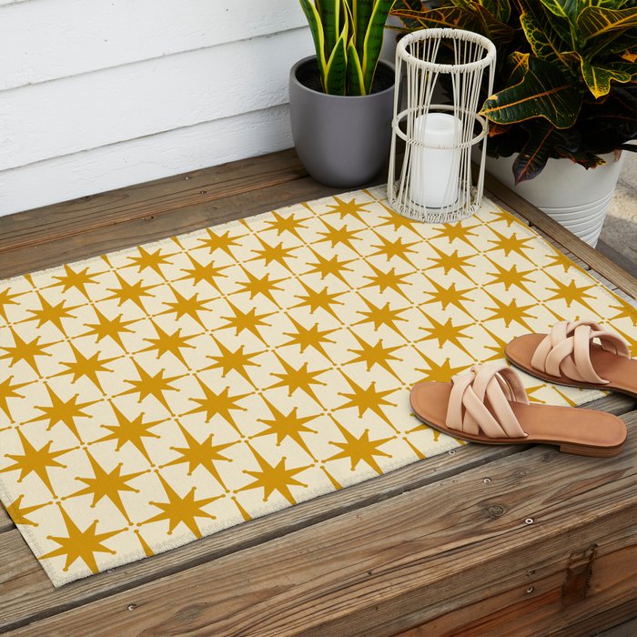 Retro Vintage 50s Starbursts Pattern in Cream and Honey Mustard Outdoor Rug Gallery Image 2