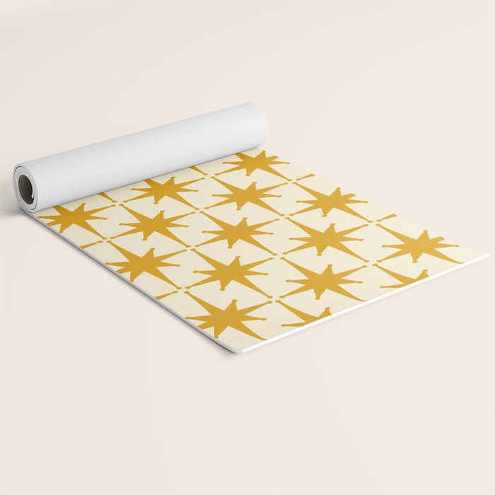 Retro Vintage 50s Starbursts Pattern in Cream and Honey Mustard Yoga Mat Gallery Image 2