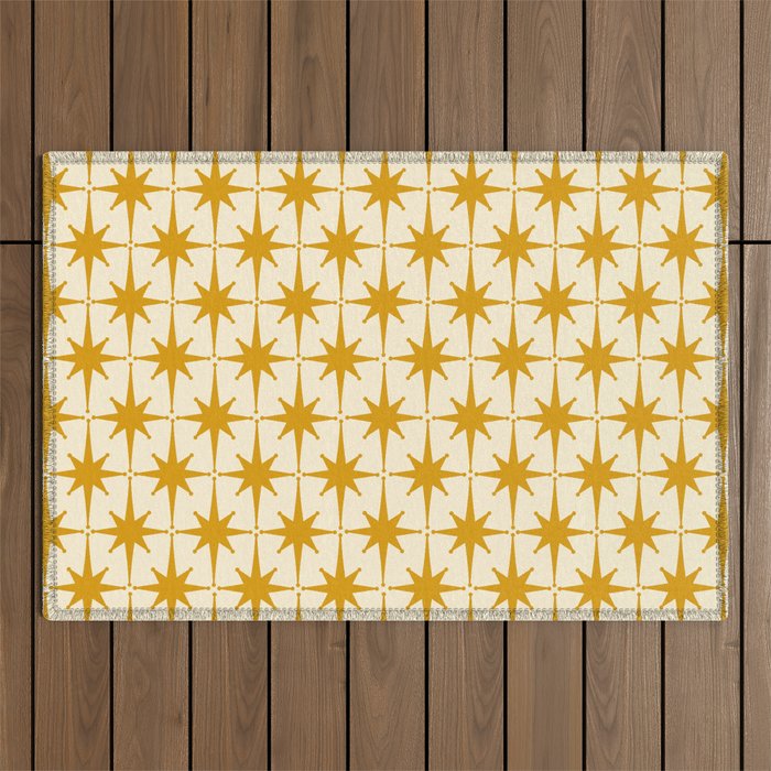 Retro Vintage 50s Starbursts Pattern in Cream and Honey Mustard Outdoor Rug Gallery Image 1