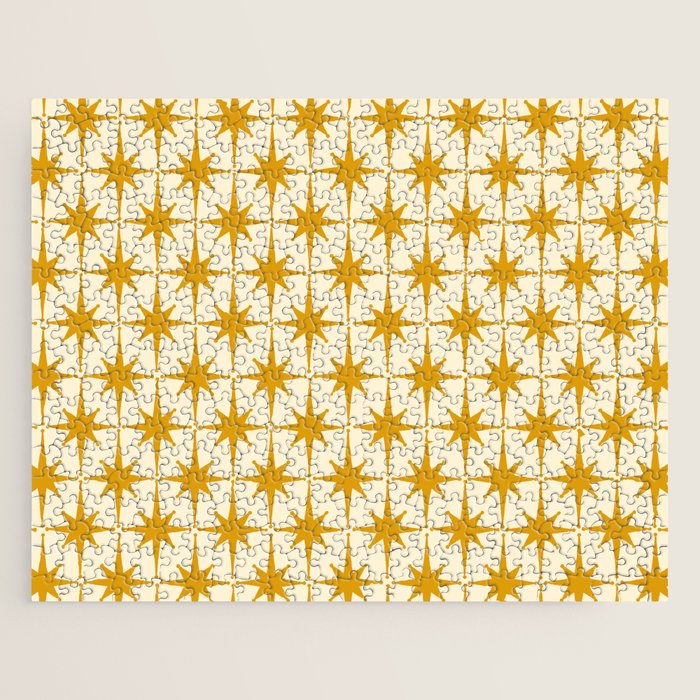 Retro Vintage 50s Starbursts Pattern in Cream and Honey Mustard Jigsaw Puzzle Gallery Image 1