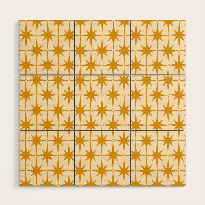 Retro Vintage 50s Starbursts Pattern in Cream and Honey Mustard Wood Wall Art Gallery Image 1