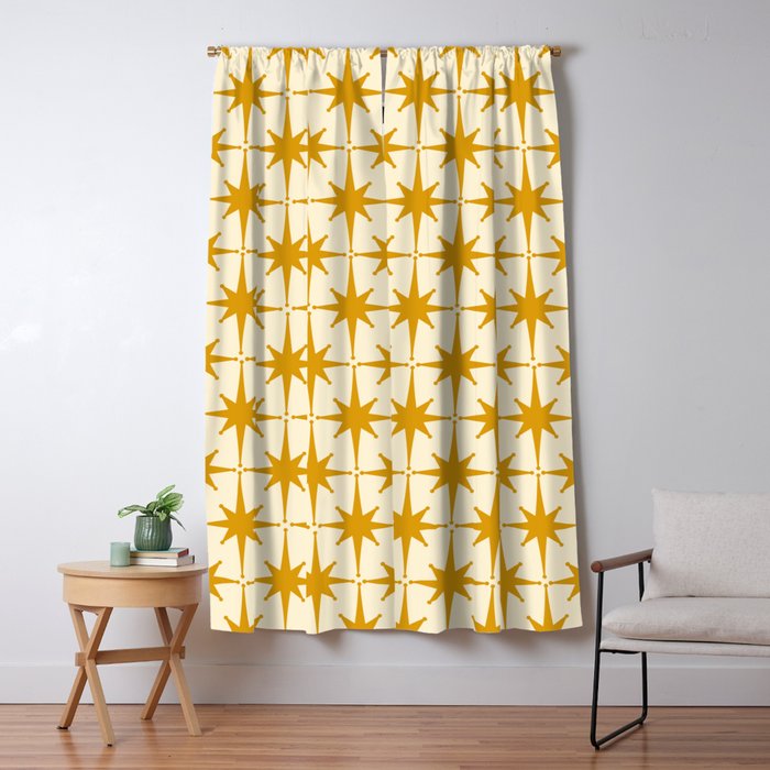 Retro Vintage 50s Starbursts Pattern in Cream and Honey Mustard Window Curtain Gallery Image 1