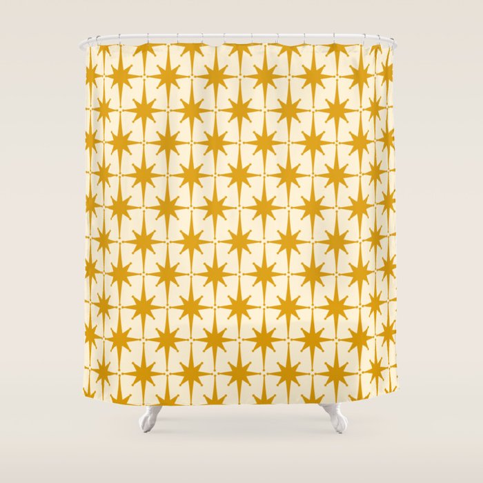 Retro Vintage 50s Starbursts Pattern in Cream and Honey Mustard Shower Curtain Gallery Image 1