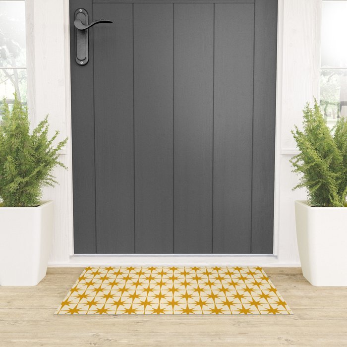 Retro Vintage 50s Starbursts Pattern in Cream and Honey Mustard Welcome Mat Gallery Image 3