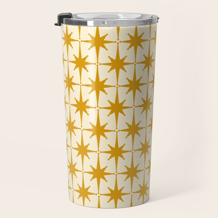 Retro Vintage 50s Starbursts Pattern in Cream and Honey Mustard Travel Mug Gallery Image 3