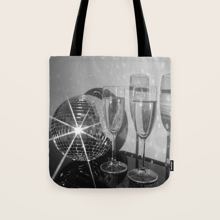 Sparkling Disco Ball Champagne Glasses Retro Black and White Party  Photography Wall Decor Tote Bag Gallery Image 1