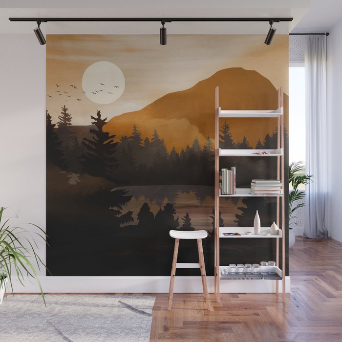 Golden Glimmer Mountain Lake Wall Mural Gallery Image 1