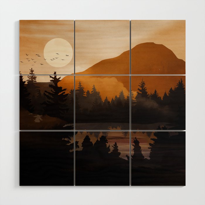 Golden Glimmer Mountain Lake Wood Wall Art Gallery Image 1