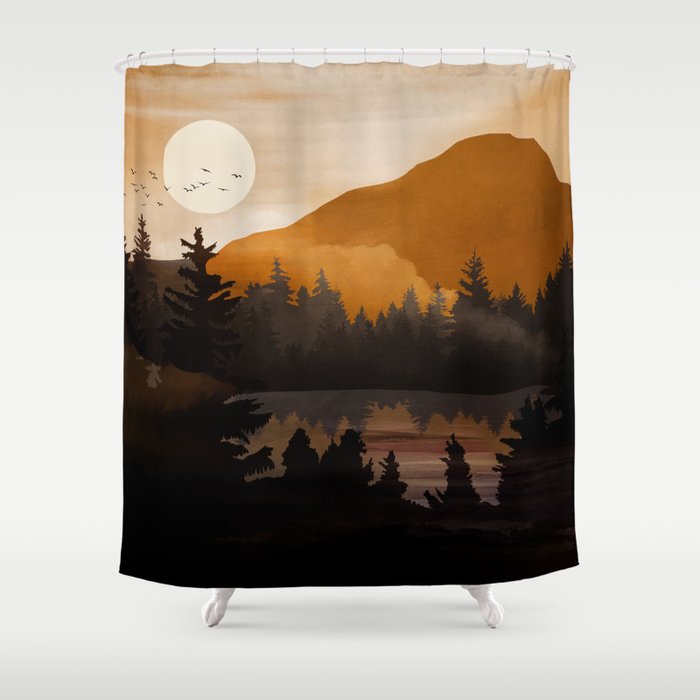 Golden Glimmer Mountain Lake Shower Curtain Gallery Image 1