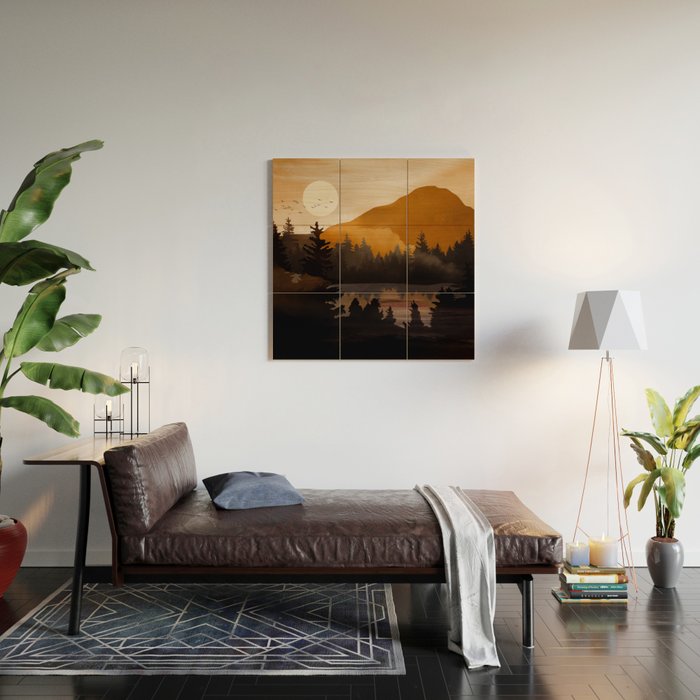 Golden Glimmer Mountain Lake Wood Wall Art Gallery Image 2