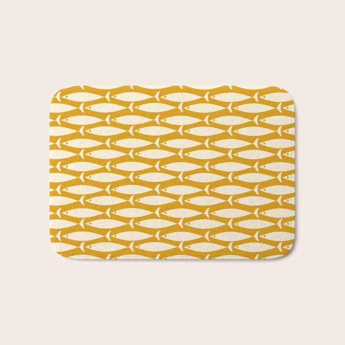 Mid Century Modern Fish Geometric Pattern in Mustard Bath Mat Gallery Image 1