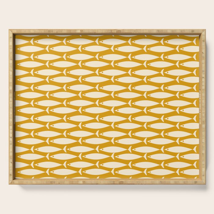 Mid Century Modern Fish Geometric Pattern in Mustard Serving Tray Gallery Image 1