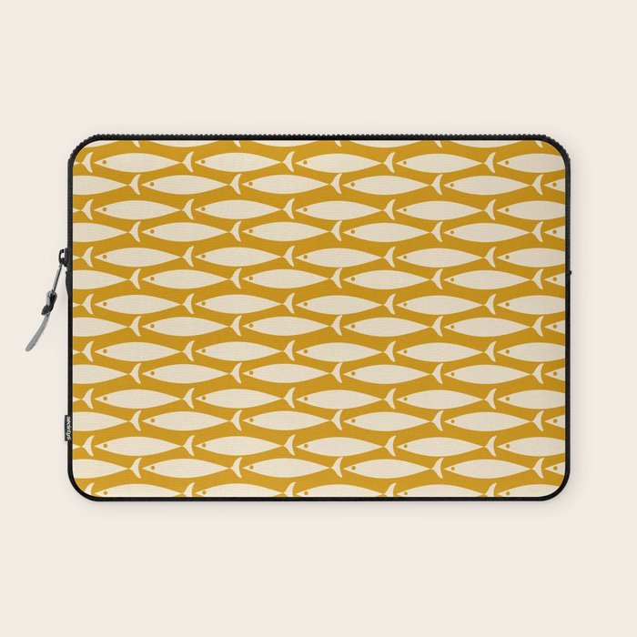 Mid Century Modern Fish Geometric Pattern in Mustard Laptop Sleeve Gallery Image 1