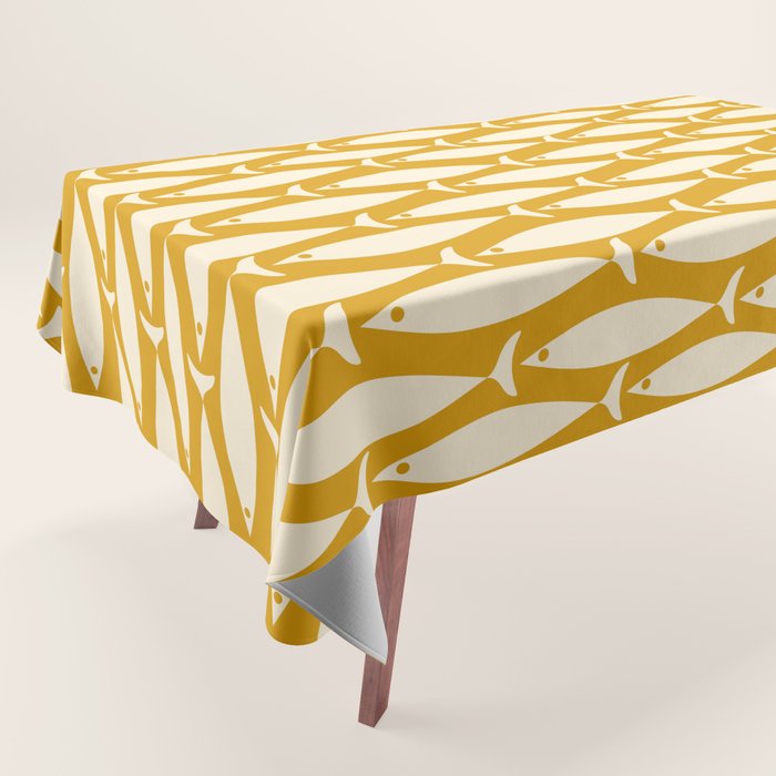 Mid Century Modern Fish Geometric Pattern in Mustard Tablecloth Gallery Image 1