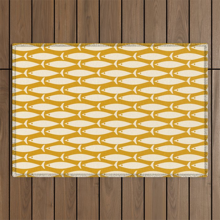 Mid Century Modern Fish Geometric Pattern in Mustard Outdoor Rug Gallery Image 1