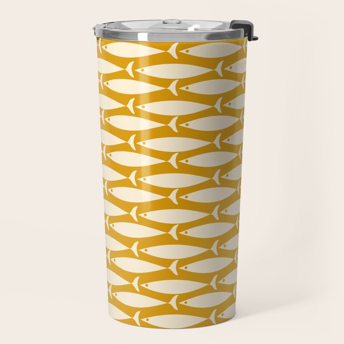 Mid Century Modern Fish Geometric Pattern in Mustard Travel Mug Gallery Image 2