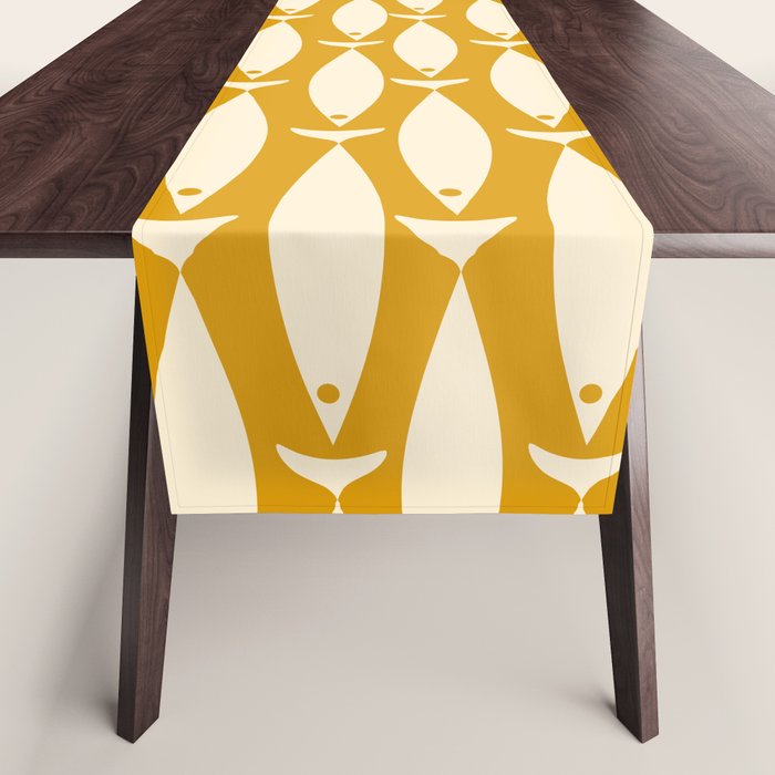 Mid Century Modern Fish Geometric Pattern in Mustard Table Runner Gallery Image 1