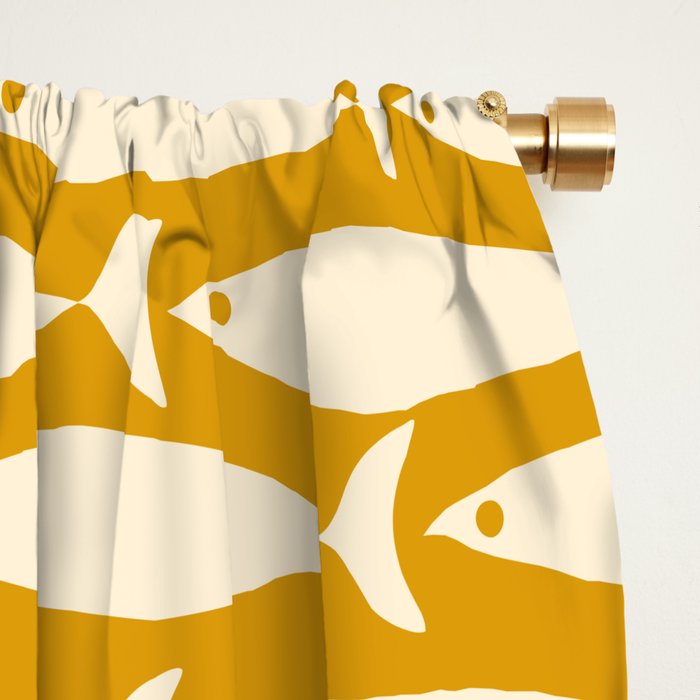 Mid Century Modern Fish Geometric Pattern in Mustard Window Curtain Gallery Image 2
