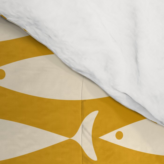 Mid Century Modern Fish Geometric Pattern in Mustard Comforter Gallery Image 4