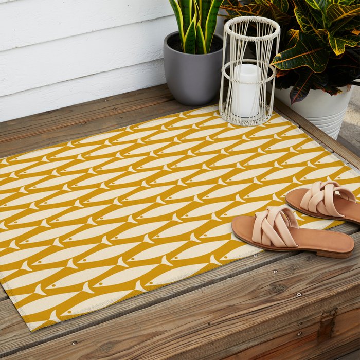 Mid Century Modern Fish Geometric Pattern in Mustard Outdoor Rug Gallery Image 2