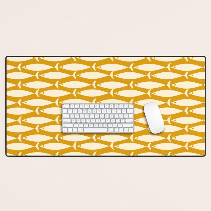 Mid Century Modern Fish Geometric Pattern in Mustard Desk Mat Gallery Image 1