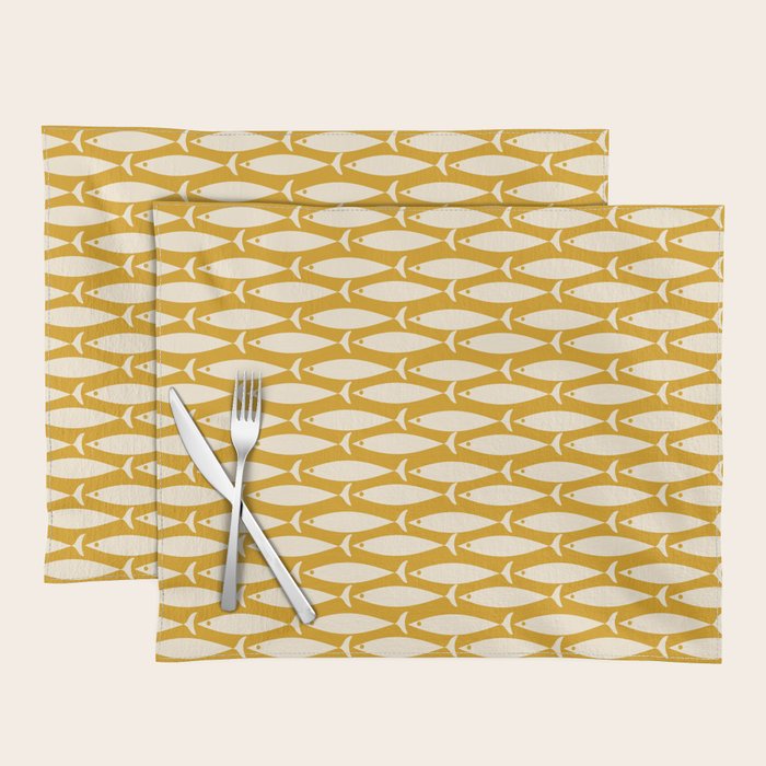Mid Century Modern Fish Geometric Pattern in Mustard Placemat Gallery Image 1