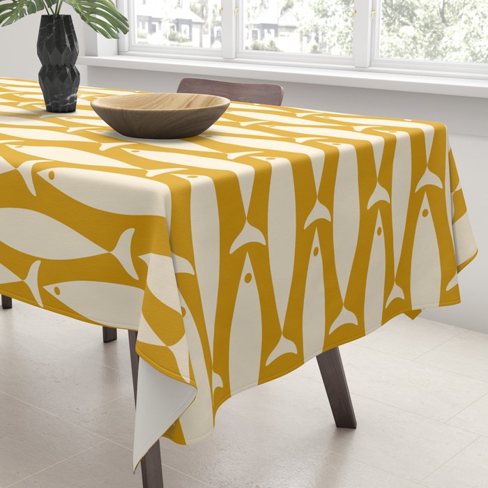 Mid Century Modern Fish Geometric Pattern in Mustard Tablecloth Gallery Image 3