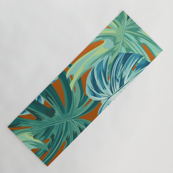 Tropical Monstera Palm Leaves on Orange Yoga Mat Gallery Image 1