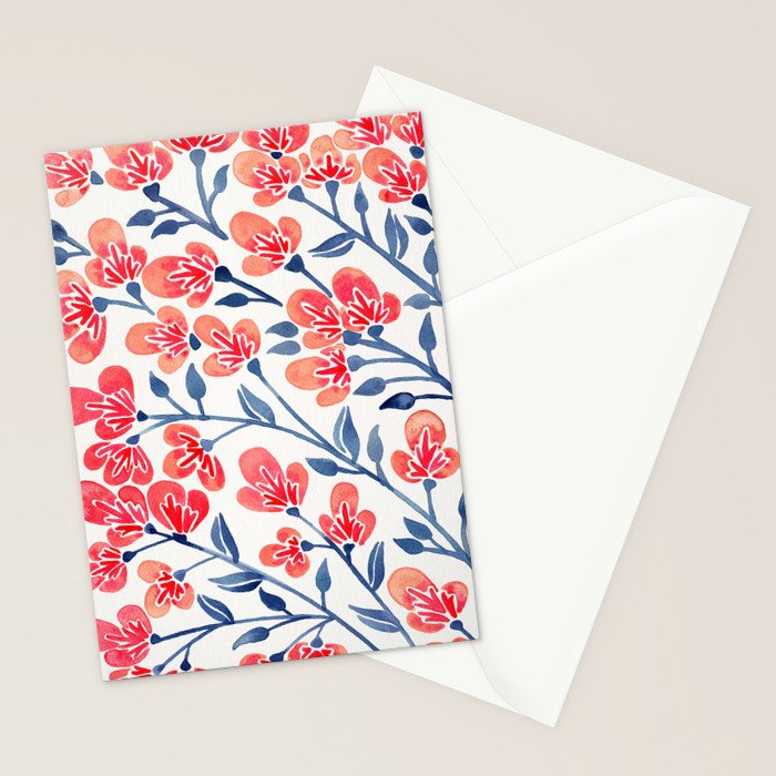Cherry Blossoms - Melon & Navy Palette Stationery Card Gallery Image 2