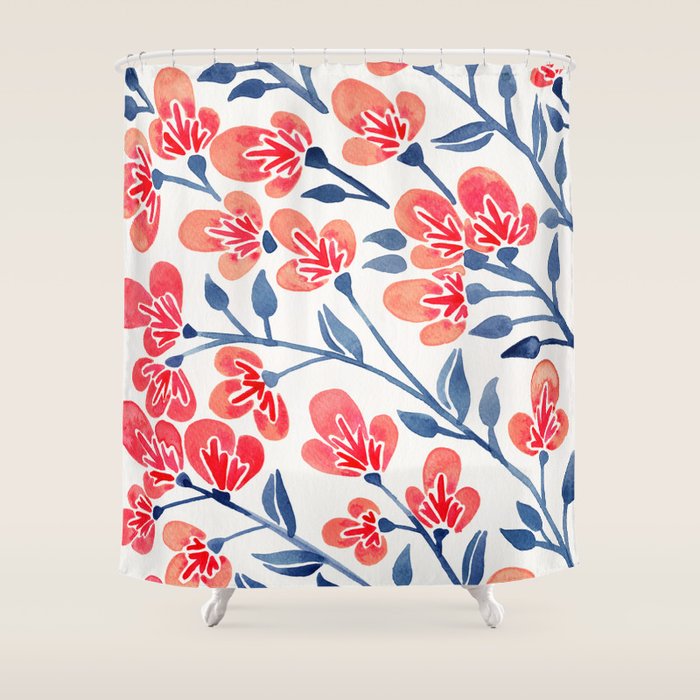 Cherry Blossoms - Melon & Navy Palette Shower Curtain Gallery Image 1