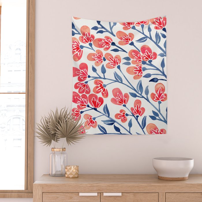 Cherry Blossoms - Melon & Navy Palette Wall Tapestry Gallery Image 2