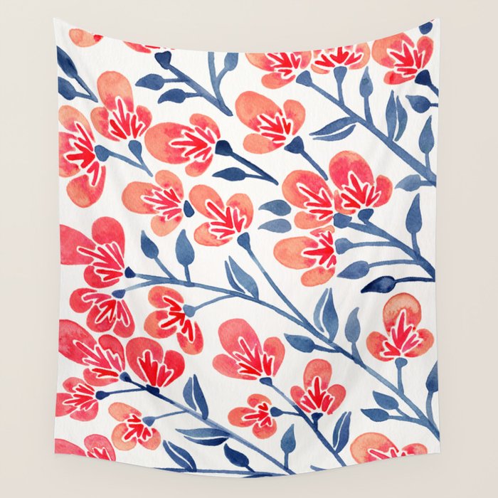 Cherry Blossoms - Melon & Navy Palette Wall Tapestry Gallery Image 1