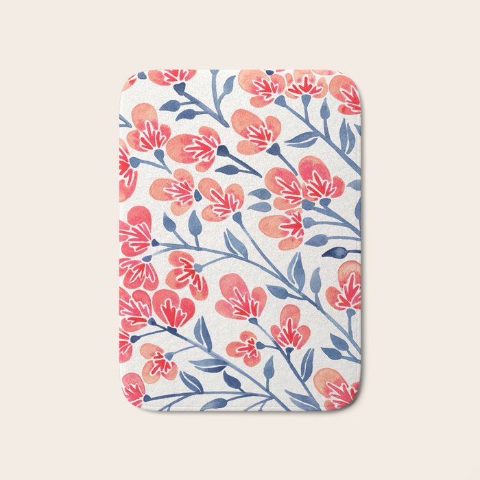 Cherry Blossoms - Melon & Navy Palette Bath Mat Gallery Image 1