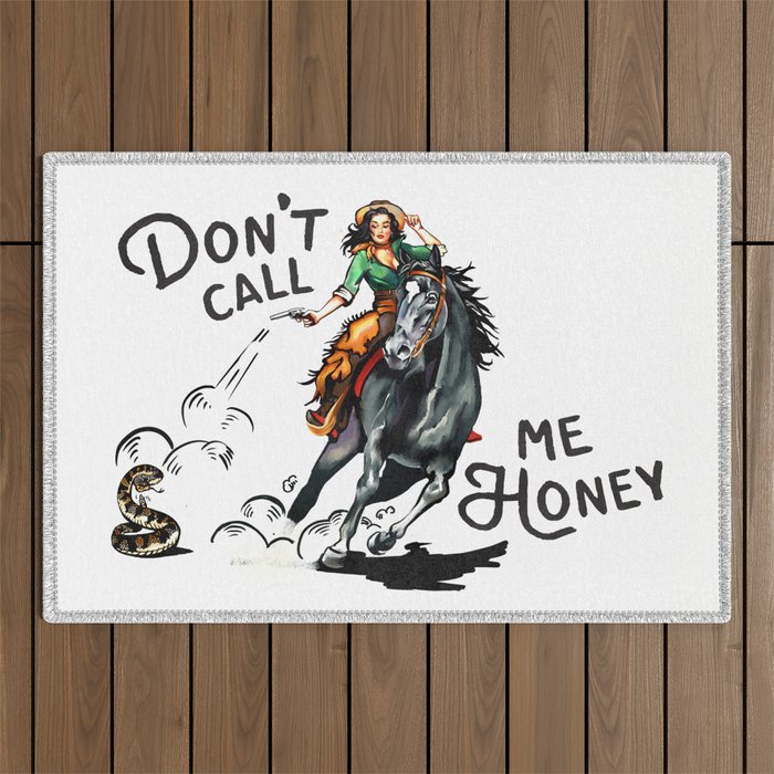 "Don't Call Me Honey" Cowgirl On Horseback Shooting a Rattlesnake Outdoor Rug Gallery Image 1