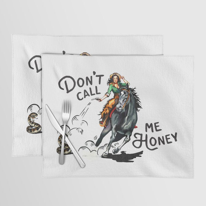 "Don't Call Me Honey" Cowgirl On Horseback Shooting a Rattlesnake Placemat Gallery Image 1
