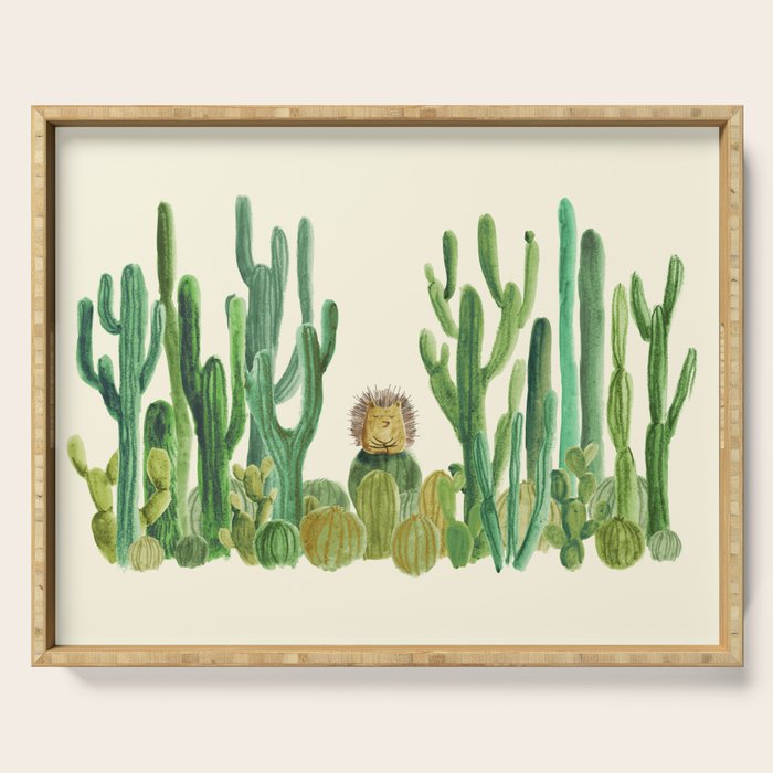 In my happy place - hedgehog meditating in cactus jungle Serving Tray Gallery Image 1