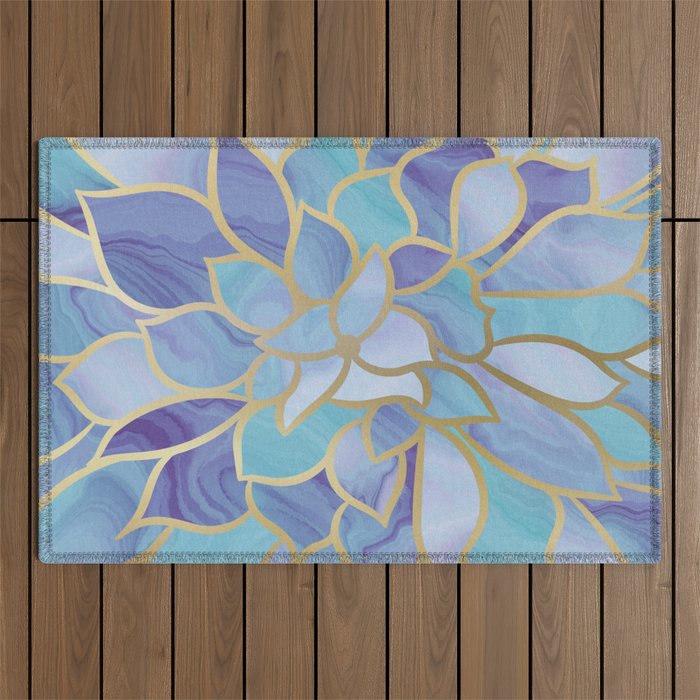 Flower Bloom, Teal, Turquoise, Purple, Gold Outdoor Rug Gallery Image 1