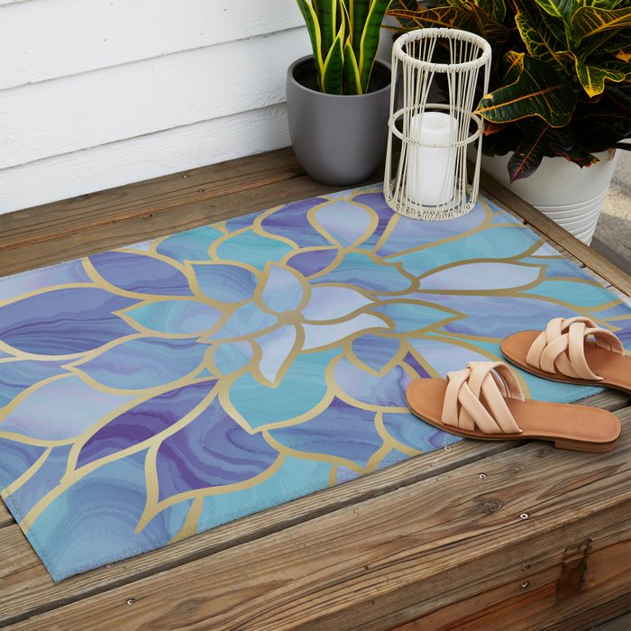 Flower Bloom, Teal, Turquoise, Purple, Gold Outdoor Rug Gallery Image 2