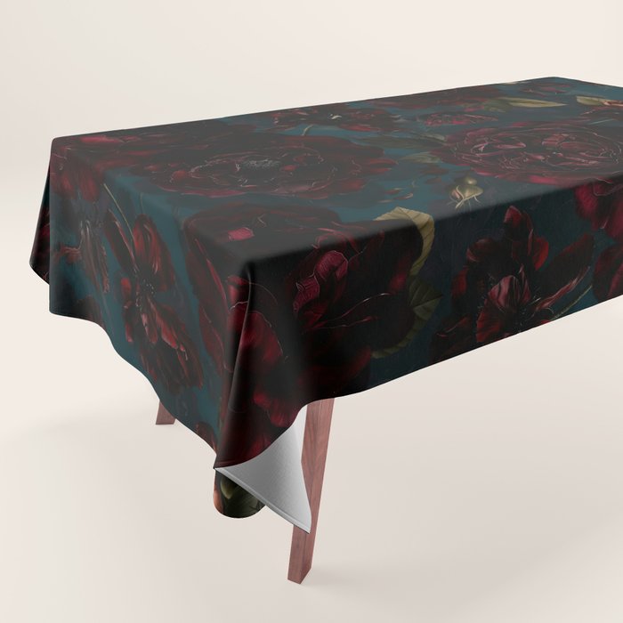 Vintage Black Dramatic Glamour Autumn Romanticism: Maximalism Moody Florals - Grand Millennial Midnight burgundy Roses Black Roses Bouquets and Nostalgic Gothic Mystic Flowers Tablecloth Gallery Image 1