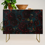 Vintage Black Dramatic Glamour Autumn Romanticism: Maximalism Moody Florals - Grand Millennial Midnight burgundy Roses Black Roses Bouquets and Nostalgic Gothic Mystic Flowers Credenza Gallery Image 1