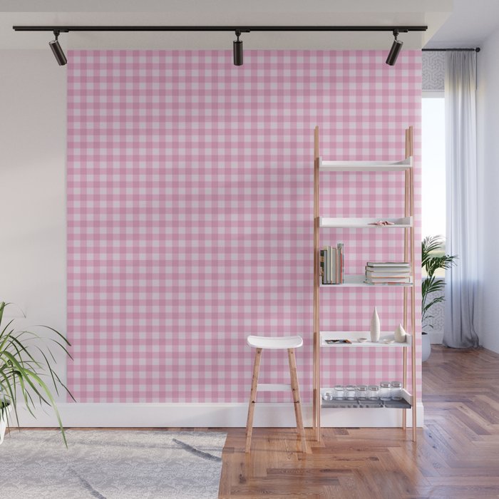 Gingham Plaid Pattern - Pastel Pink Wall Mural Gallery Image 1