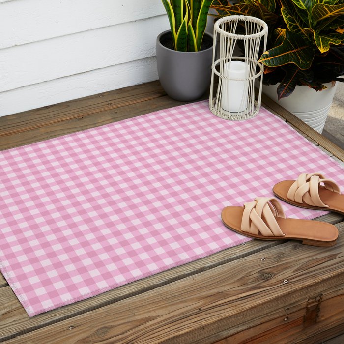 Gingham Plaid Pattern - Pastel Pink Outdoor Rug Gallery Image 2