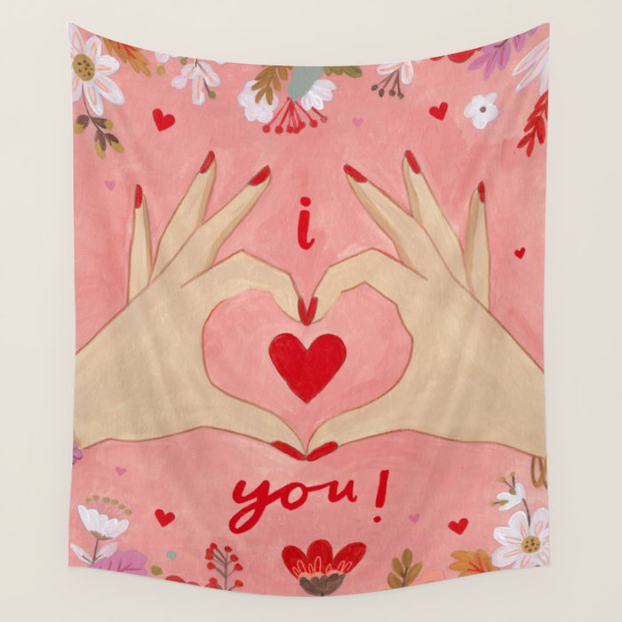 Women hands making love sign Wall Tapestry Gallery Image 1