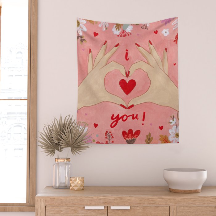 Women hands making love sign Wall Tapestry Gallery Image 2
